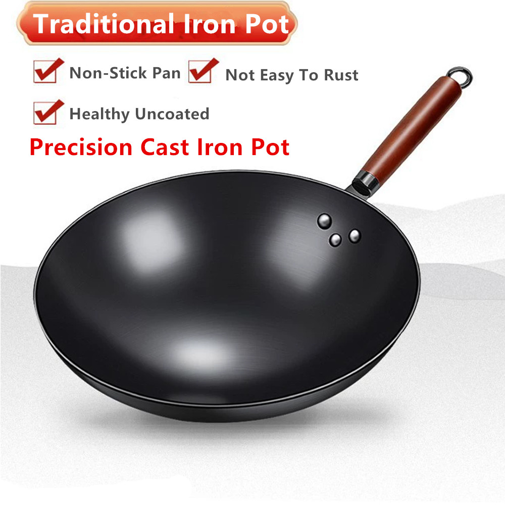 30/32cm dype wok-stekepanner nonstick kinesisk håndlaget jernpanne rundbunnet hjemme ubelagt kokegryte gasskomfyr kjøkkenutstyr