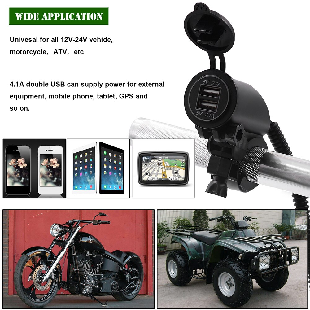 Dual USB Motorcycle Handlebar Charger Dual LED Ring 4.2A Fast Charger IP66 Universal 12V / 24V Modified Faucet Charger
