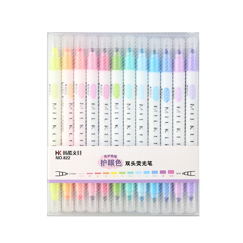 12 stk / sæt farve dobbelt hoved fluorescerende pen søde milkliner highlighters farvemarkørpen skoleartikler kawaii papirvarer