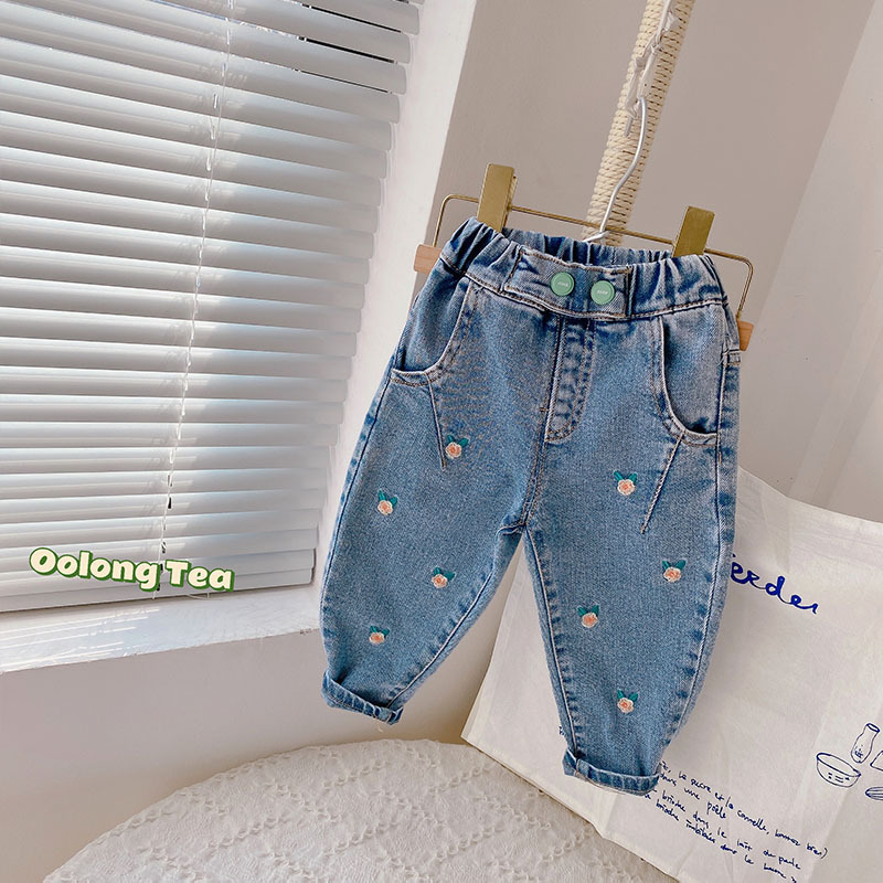 Pantalones vaqueros con bordado de flores para niña, pantalón vaquero para Bebé y Niño, primavera y otoño, 2022: 110cm