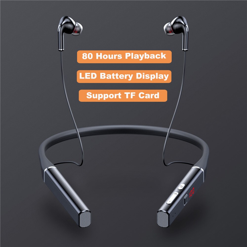 60 Hours Endurance Bluetooth Headphones Stereo Bass Wireless Headphone Neckband Power LED Display Headset TF Card Magnet: 80 Hours