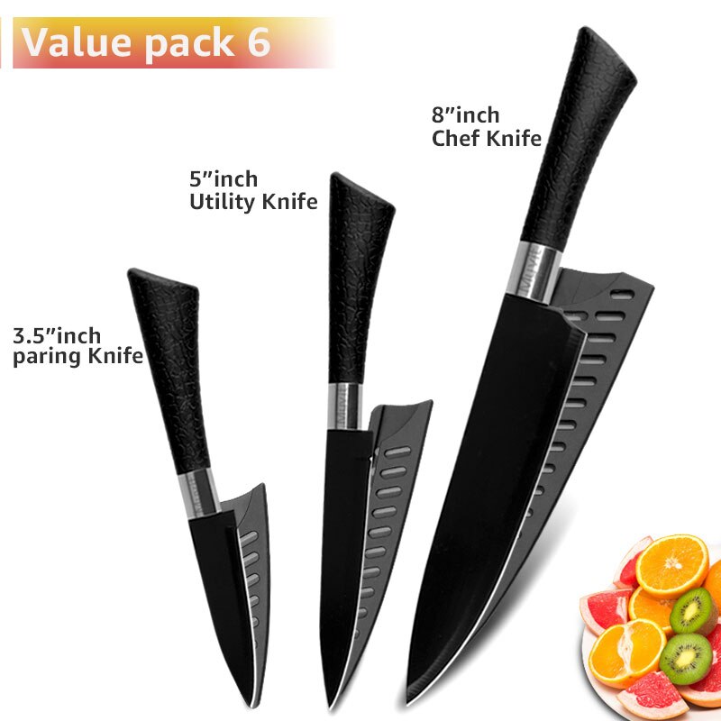 Chef Knives Set Stainless Steel Paring Utility Santoku Chef Slicing Bread Knives Black Blade Kitchen Accessories Set Tools: set 9