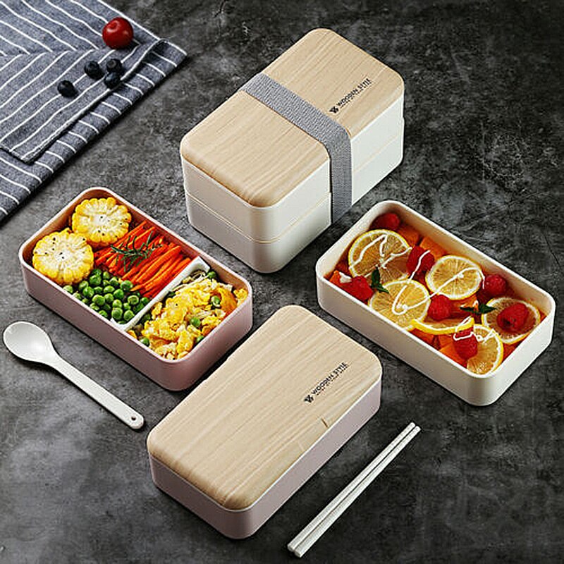 Microwave Double Layer Lunch Box Wooden Sensation Salad Bento Box BPA Free Portable Container Student Worker Box