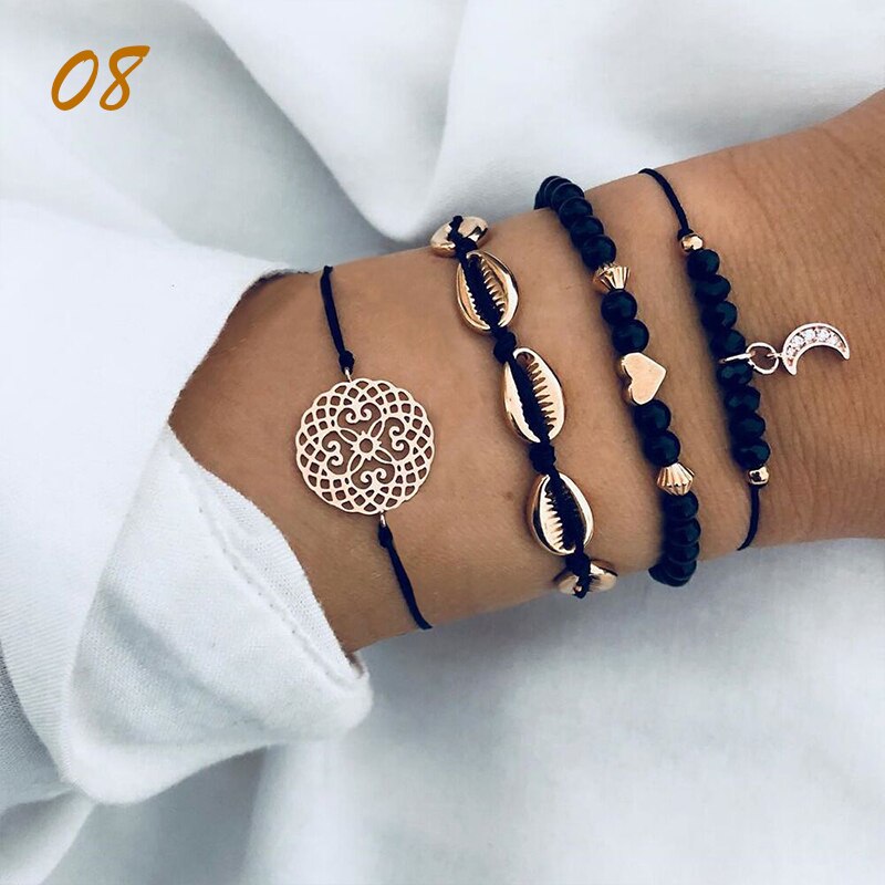 4 unids/set Bohemia Vintage pulseras para las mujeres de la joyería de Boho granos geométricos de la mano de la cadena encanto pulsera brazaletes conjunto Набор: 8