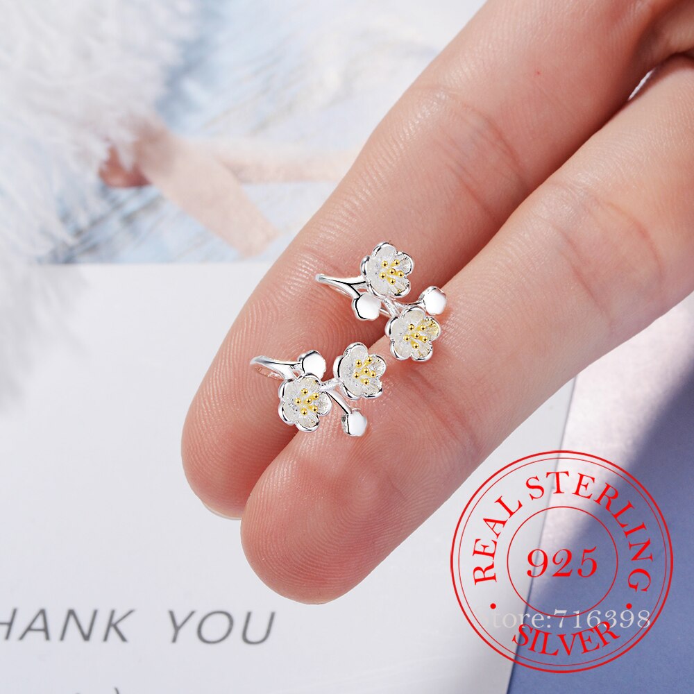 Pendientes de flores de cerezo para mujer, de Plata de Ley 925 con frío, joyería fina