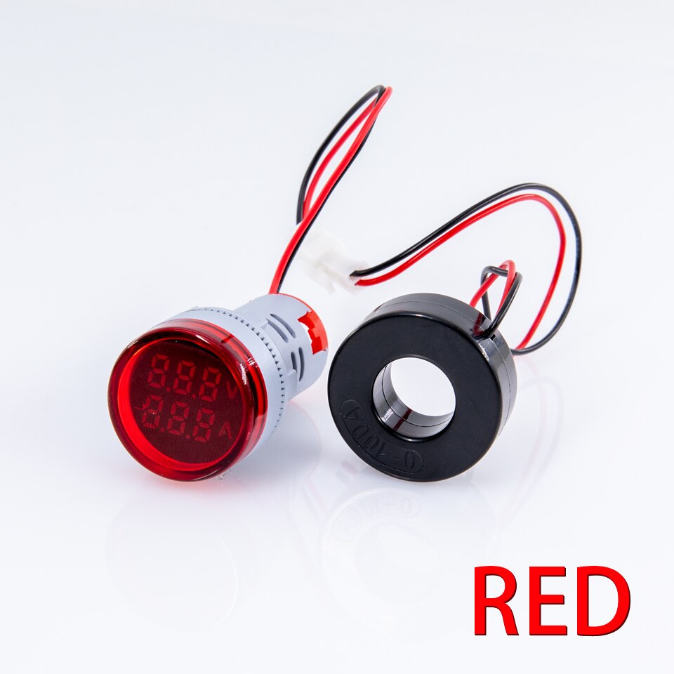 Mini Digitale Voltmeter Amperemeter 22Mm Ronde Ac 50-500V 0-100A Amp Volt Voltage Tester Meter Dual Led indicator Pilot Lamp Licht: RED