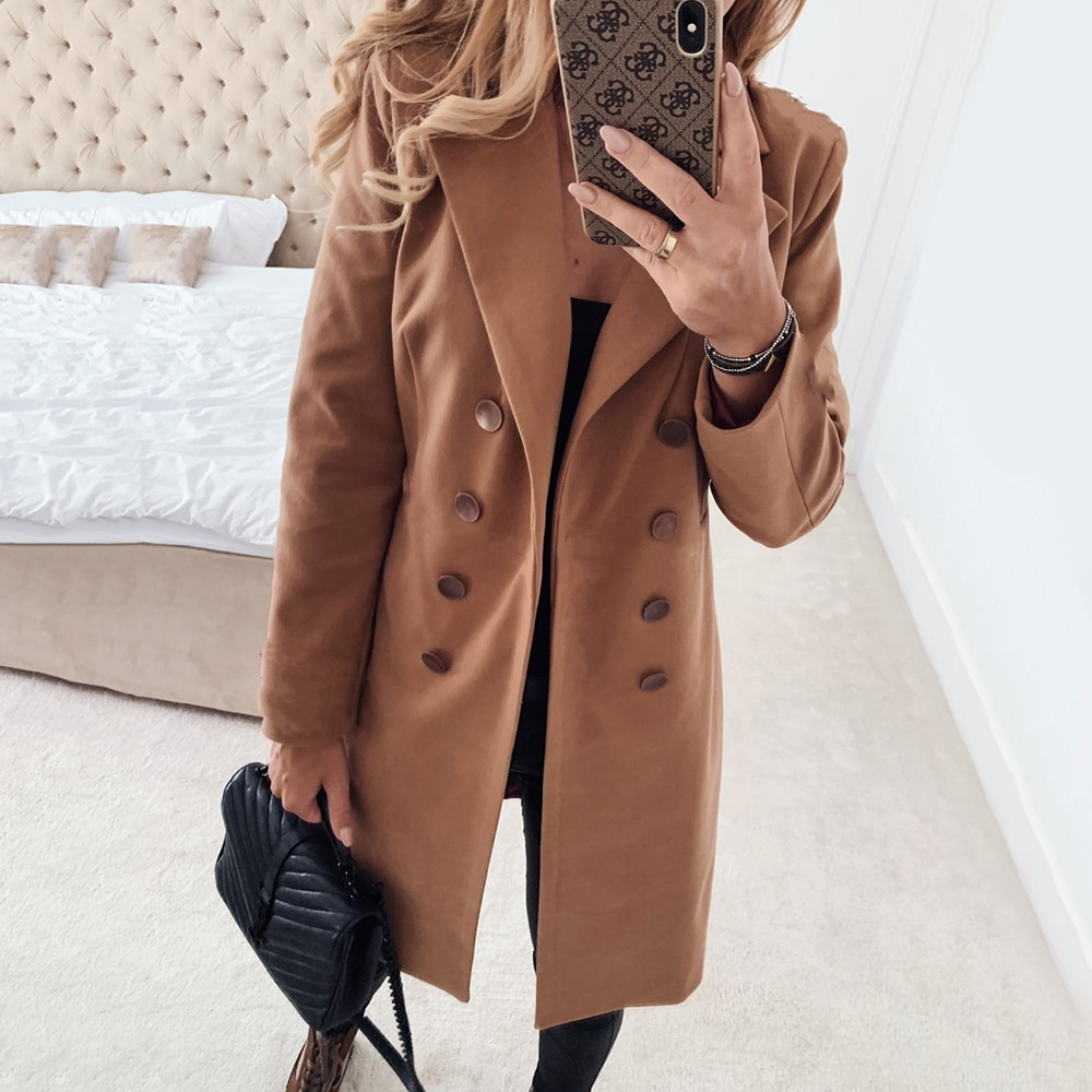 Warm Wool Coats Winter Ladies Solid Color Single Breasted Khaki Woolen Coat Women Female A-Line Long Overcoat D30