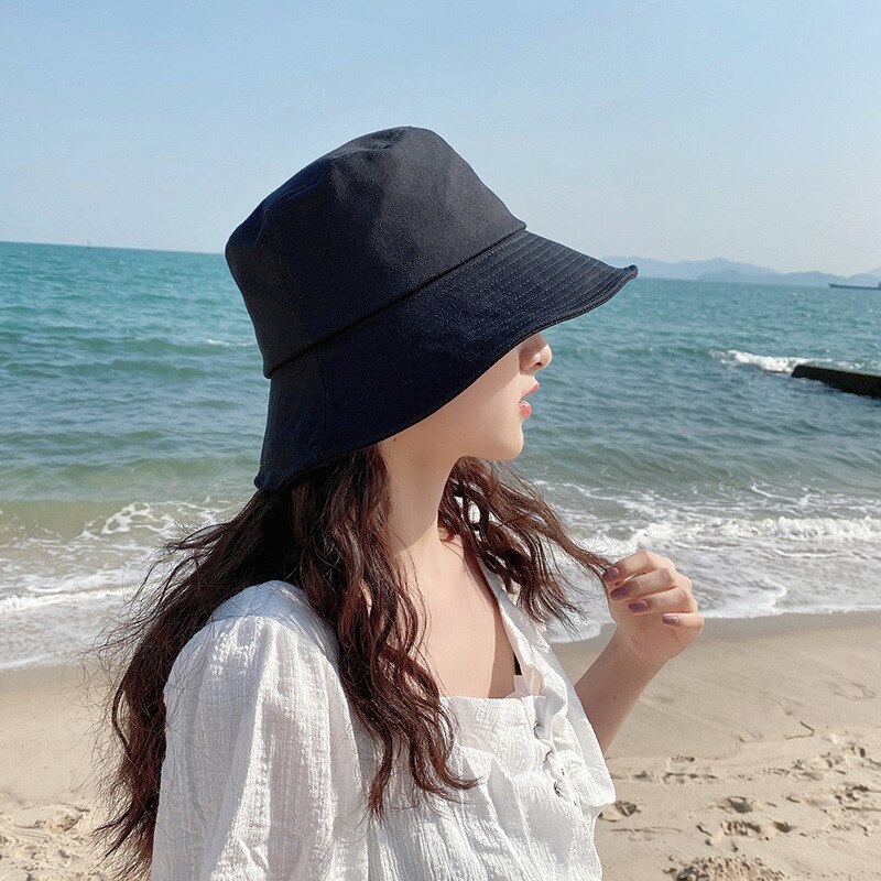 Exclusieve Voor Grote Hoofdomtrek Big Size Pure Katoen Emmer Hoed Vrouwen Hoeden Effen Bescherming Zonnehoed Bob kikker: Black