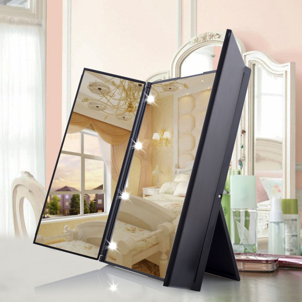 Tri-sided Foldable Makeup Mirror 3-Folding Portable 8 LED Light Beads Cosmetic Tabletop Mirror Beauty Supplies