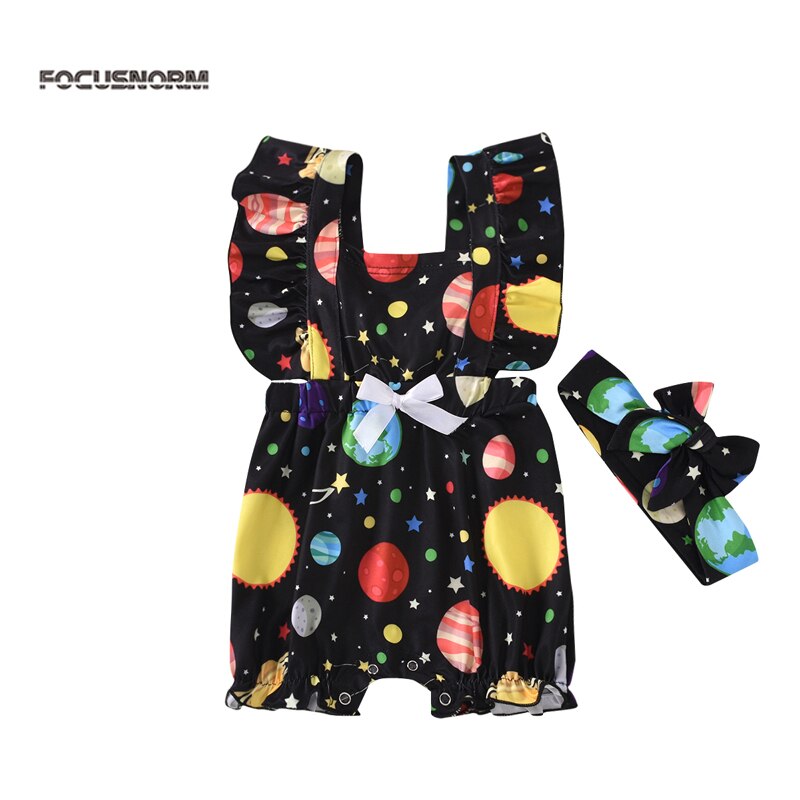 Focusnorm 0-18M Baby Meisjes Jongens Rompertjes Hoofdband 2 Stuks Cartoon Print Ruches Korte Mouw Jumpsuits