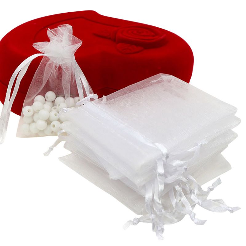 100 Pcs Organza Bags Wedding Gunsten Zakken Sieraden Koord Tassen Mesh: WHITE