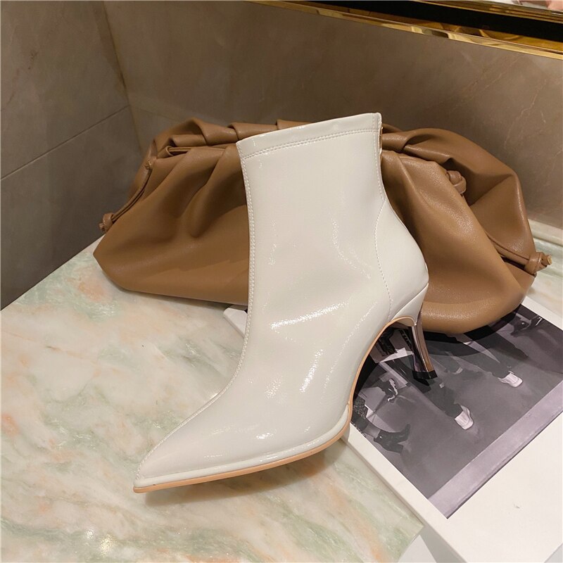 Dam lackkängor 6cm vita låga tunna höga klackar korta strumpor stövlar utomhus chelsea boots bota feminina
