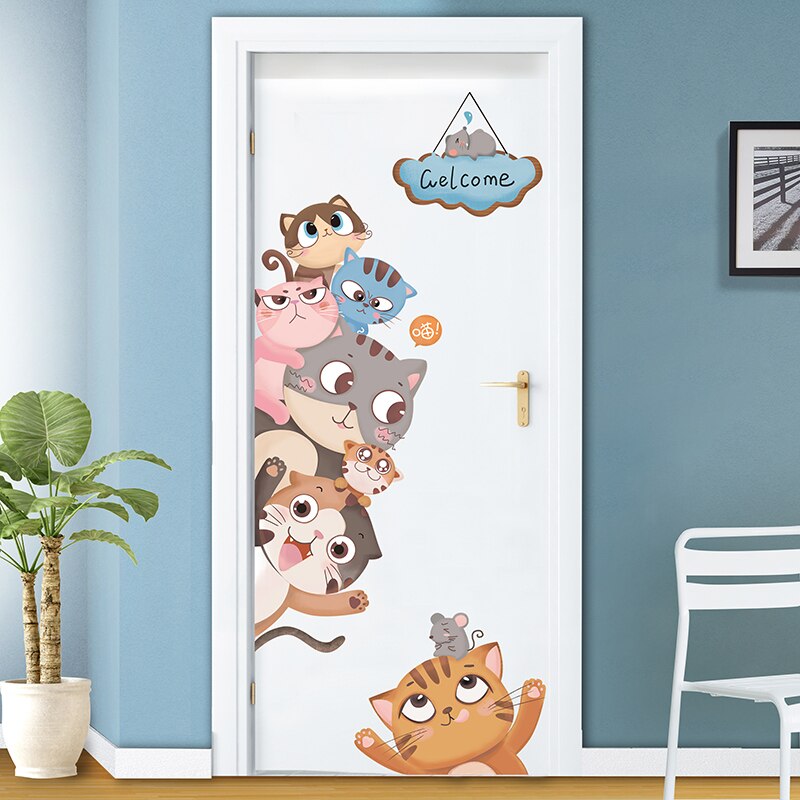 Cartoon Katten Muurstickers Vinyl Diy Dieren Mural Decals Voor Kinderen Kamers Baby Slaapkamer Kinderen Nursery Deur Woondecoratie