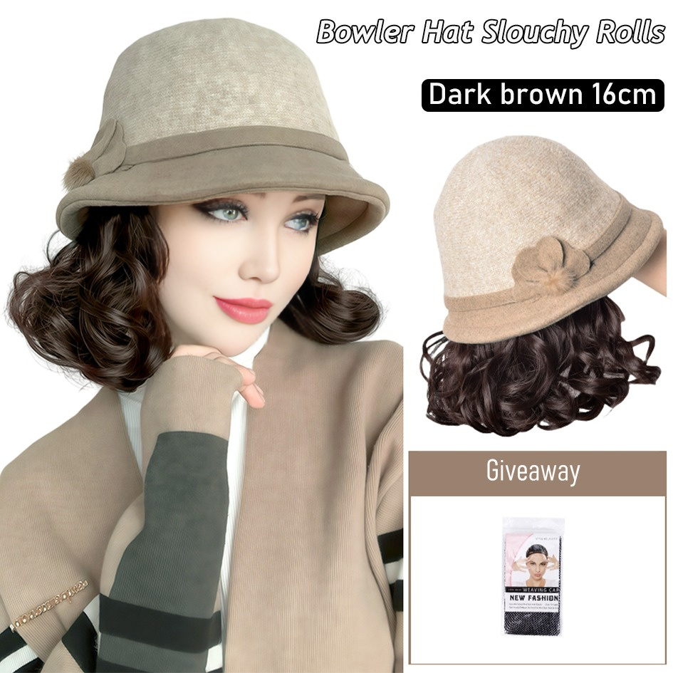Synthetic 6inch plaid fisherman hat short curly hair wig brown princess curly roo cold warm horse roll Christmas: #27
