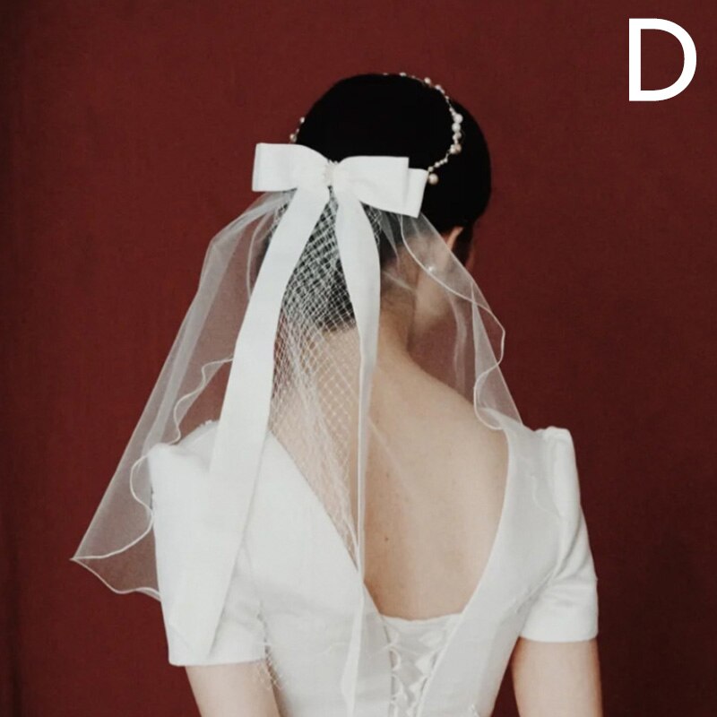 Vrouwen Korte Tule Bruidssluier Bruiloft Sluier Met Clip Boog-knoop Lint Rand Voor Bruid Bloem Meisje Wedding Party fotografie (Wit): D