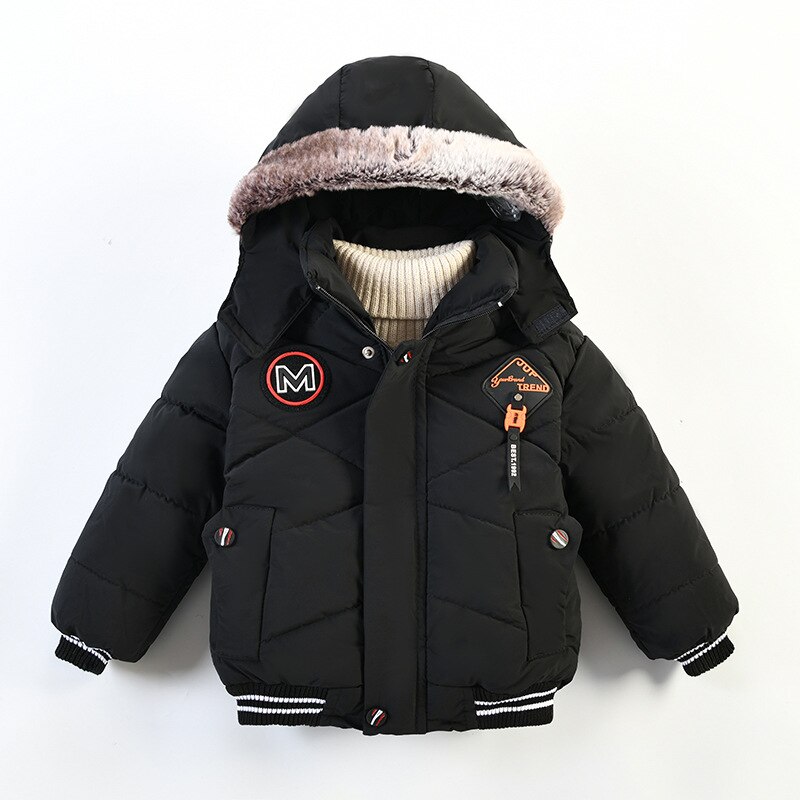Thick Keeping Warm Winter Boys Jacket Fur collar Letter Hooded Windbreaker Outerwear For Kids Children Heavy Coats