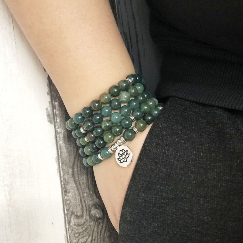 Heetste Vrouw Mala Ketting & armbanden Voor Moss Agateds Groene Yoga Armband Mala Lotus 108 Kralen Seraphinite Armband