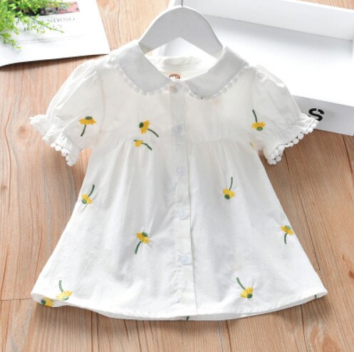 Leuke Meisjes Shirts Lente Zomer Kinderkleding Baby Meisje Bloem Borduren Zoete Korte Mouw Blouse Tops Kids: YELLOW / 6T(130)