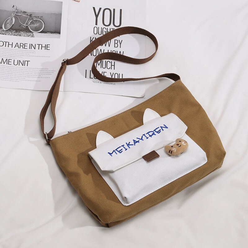 Koreaanse stijl ins canvas messenger bag dames studenten veelzijdige schoudertas schattige zachte meisjes messenger bag: Bruin
