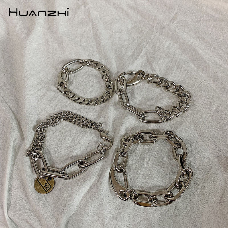 HUANZHI Silber Farbe Punk Armreif Klassische Hip Hop Harajuku Dicke Kette Dünne Doppel Anhänger Link Runde Armband Für Männer Schmuck