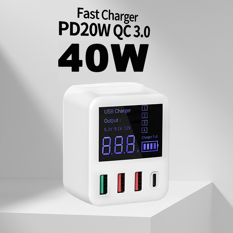 40W 4-poorts USB C-laadstation voor meerdere apparaten, PD 20W snellader en QC 3.0 voor Apple en andere USB-apparaten Wit