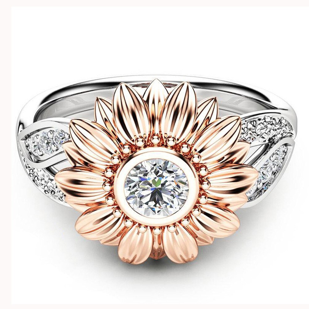 Exquisite Crystal Rose Gold Sunflower Rings Silver Color Cubic Zircon Ring Women Engagement Wedding Jewelry Bijoux #25