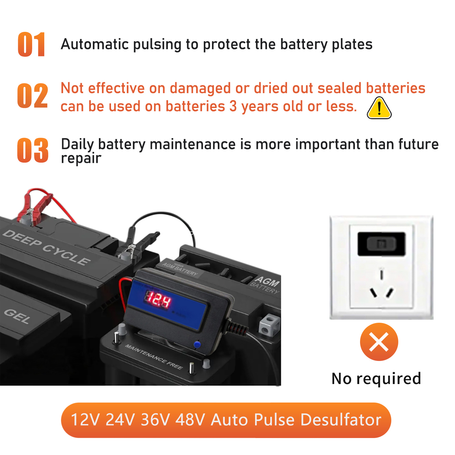 Blei-Säure-Batterie-Desulfator 12V 24V 36V 48V Batterie-Regenerator 2a Auto-Puls-Desulfator großer Clip