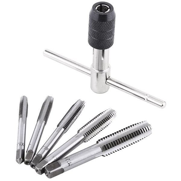 T-Handle Wrench Threading Tap Set 5Pcs Metric Thread Tap with T Tap Wrench M6-M12 Wrench Metric Hand Thread Tap
