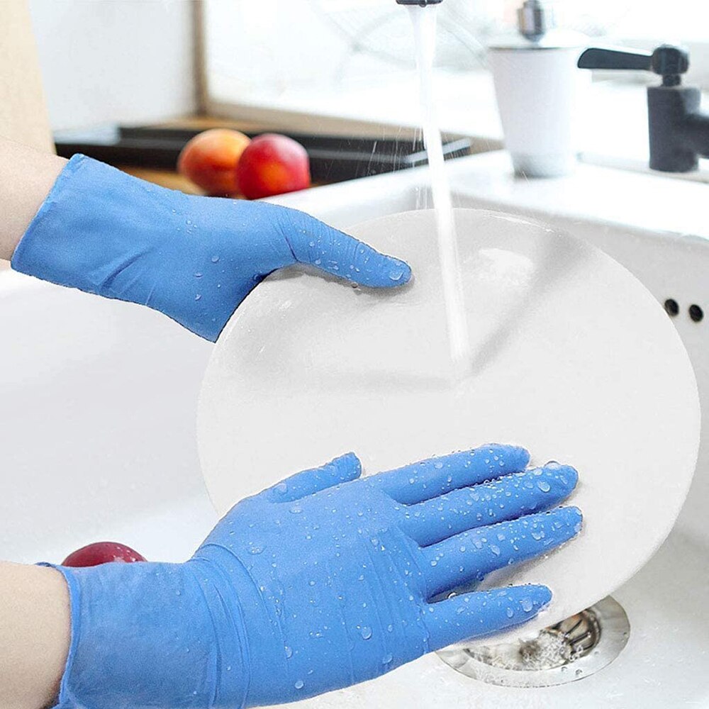 100 stuks wegwerphandschoenen van latex, blauw, antislip, zuur- en alkali-laboratoriumrubber, latex handschoenen, schoonmaakmiddelen voor huishoudelijk gebruik