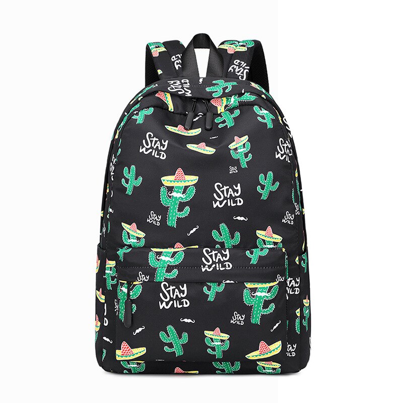 atinfor Brand Waterproof Nylon Lightweight Cactus Printing Backpack Women 16.5 inch Middle School Student Book Bag: Black-Stay