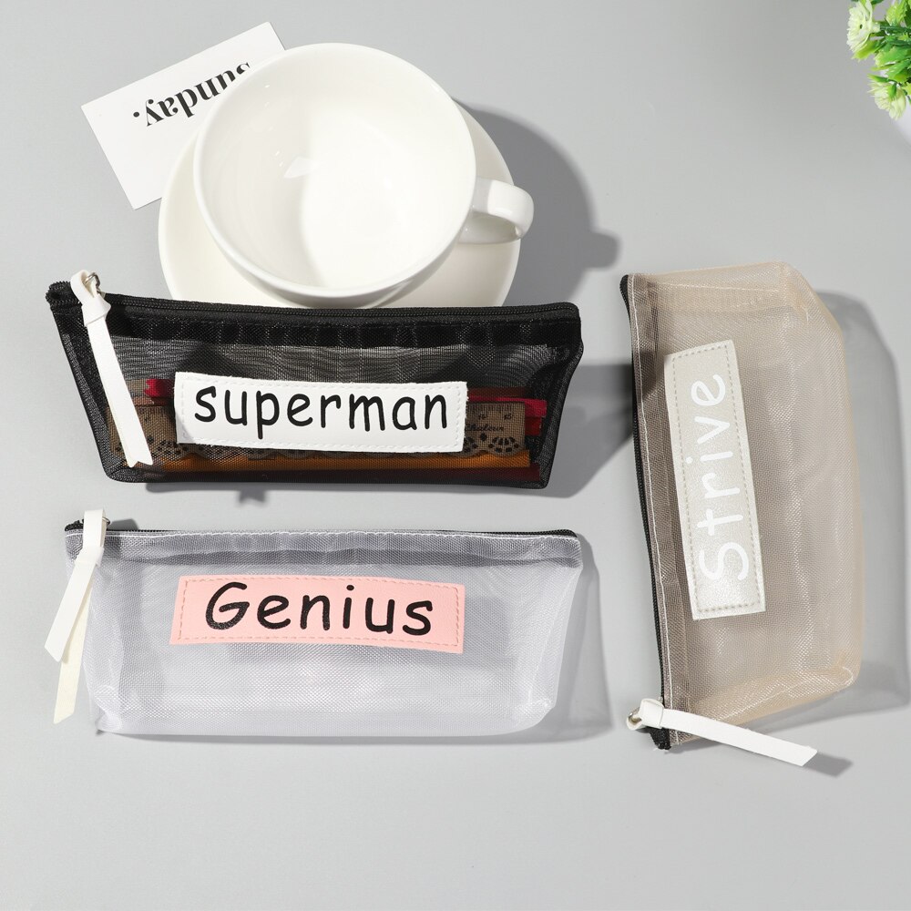 Transparent Mesh Pencil Bag Nylon Zipper Pencil Case School for Kids Girls Pen Storage Bag Office Supplies