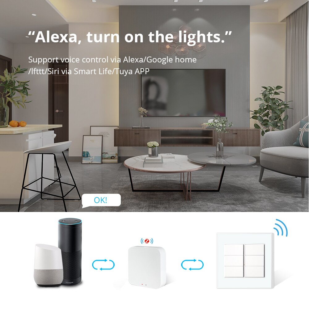 Zemismart tuya 6 bands zigbee smart væglampeafbryder 4 x 4 neutral påkrævet trykknapafbrydere alexa google home fjernbetjening
