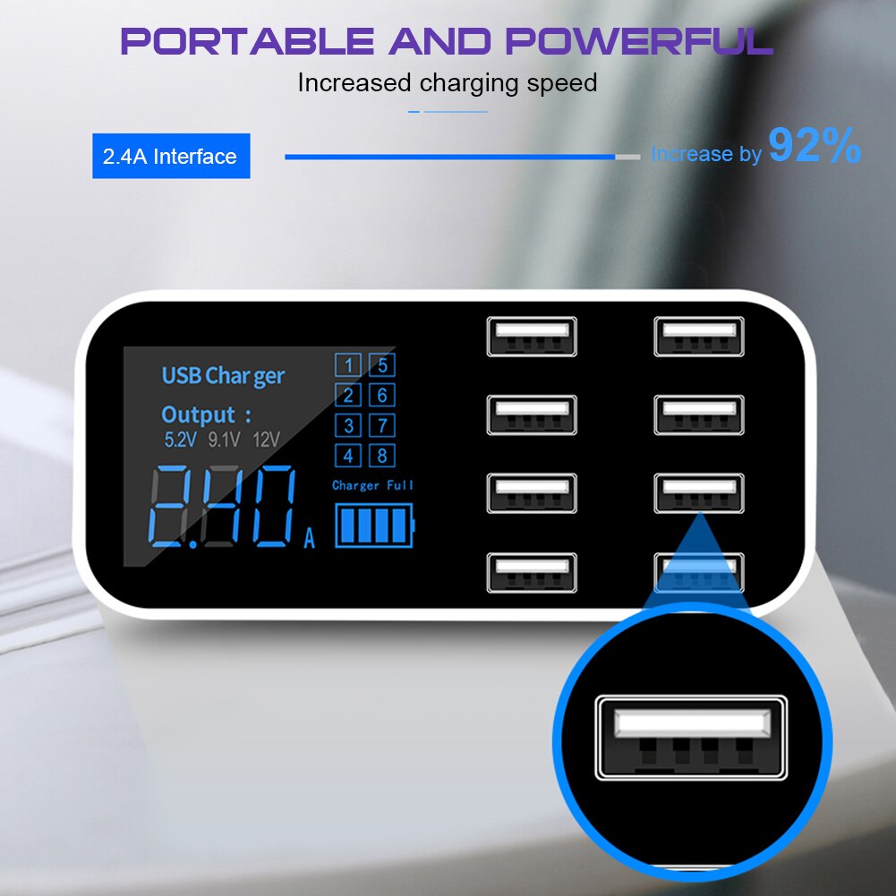 Durable Multi-Port USB Charger for Car 8-Port Car Lighter Charging Station Hub with LCD Display Quick