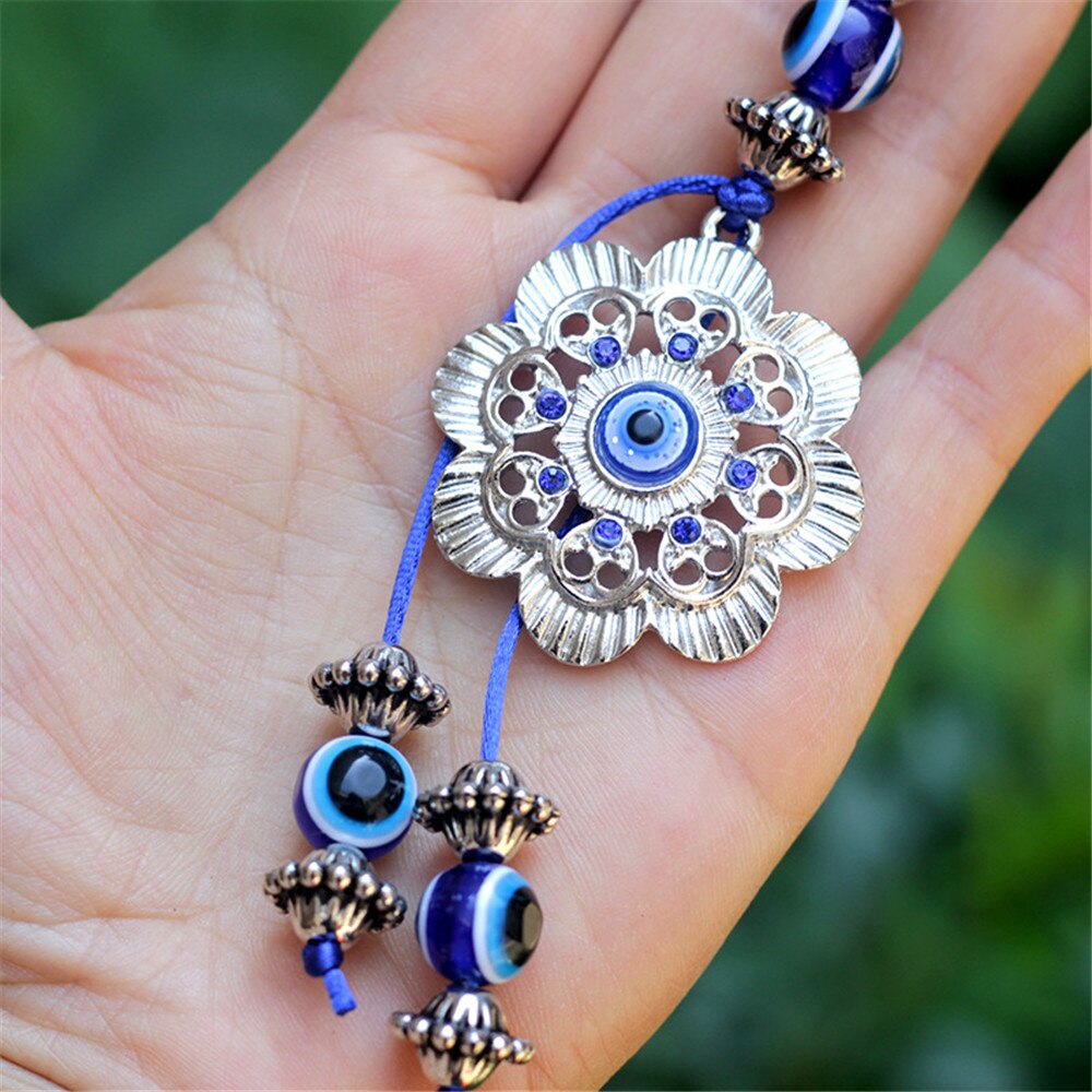 Türkei Blau Auge Silber Blumen Schlüssel Kette Neue Produkt Türkische Teufel Auge Glück Auto Anhänger Hause Zauberstab Hängen Ornamente