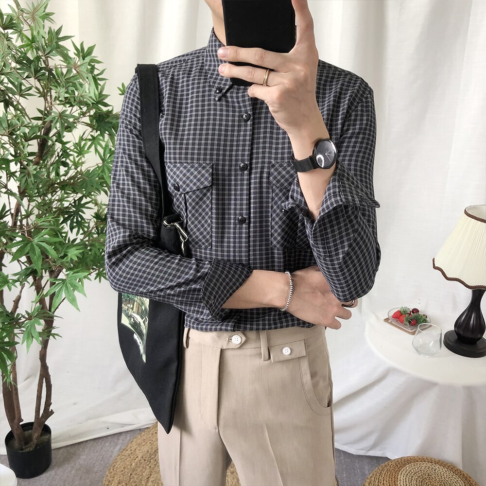 Orange plaid skjorter herre retro slim fit langærmet skjorte mand engelsk stilfuld ternet sommer herre tøj korea tøj