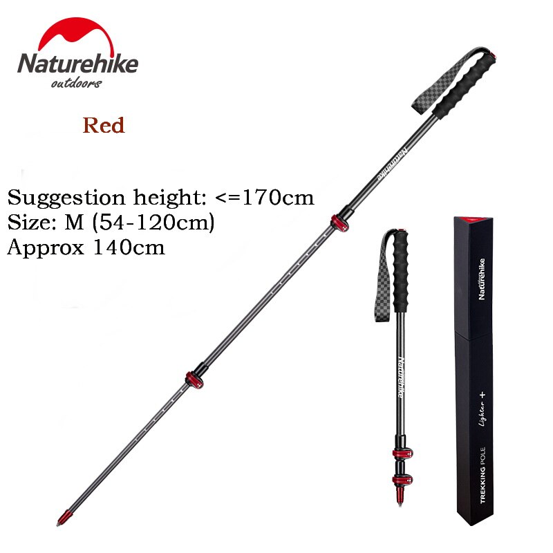 Bastón de Trekking ultraligero de fibra de carbono Naturehike de acero de tungsteno, 3 secciones, bastón para caminar, senderismo, alpinista S135g: Red M 1PC