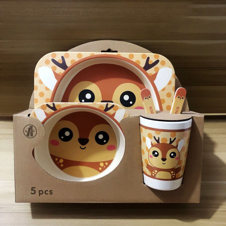 5pcs/set Baby Dish Tableware Children Cartoon Feeding Dishes Kids Natural Bamboo Fiber Dinnerware With Bowl Fork Cup Spoon Plate