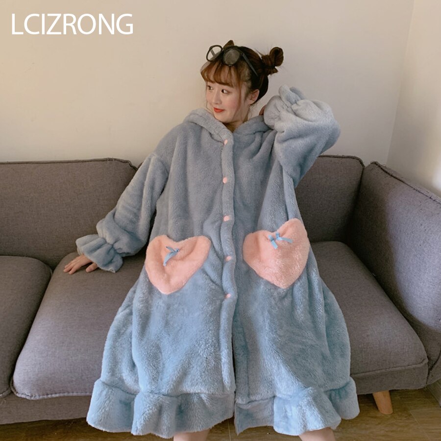 Winter schattig meisje schattige grote konijnenoren losse badjas vrouwen warme comfortabele midi-jas lange mouwen kamerjas vrouw: Blauw
