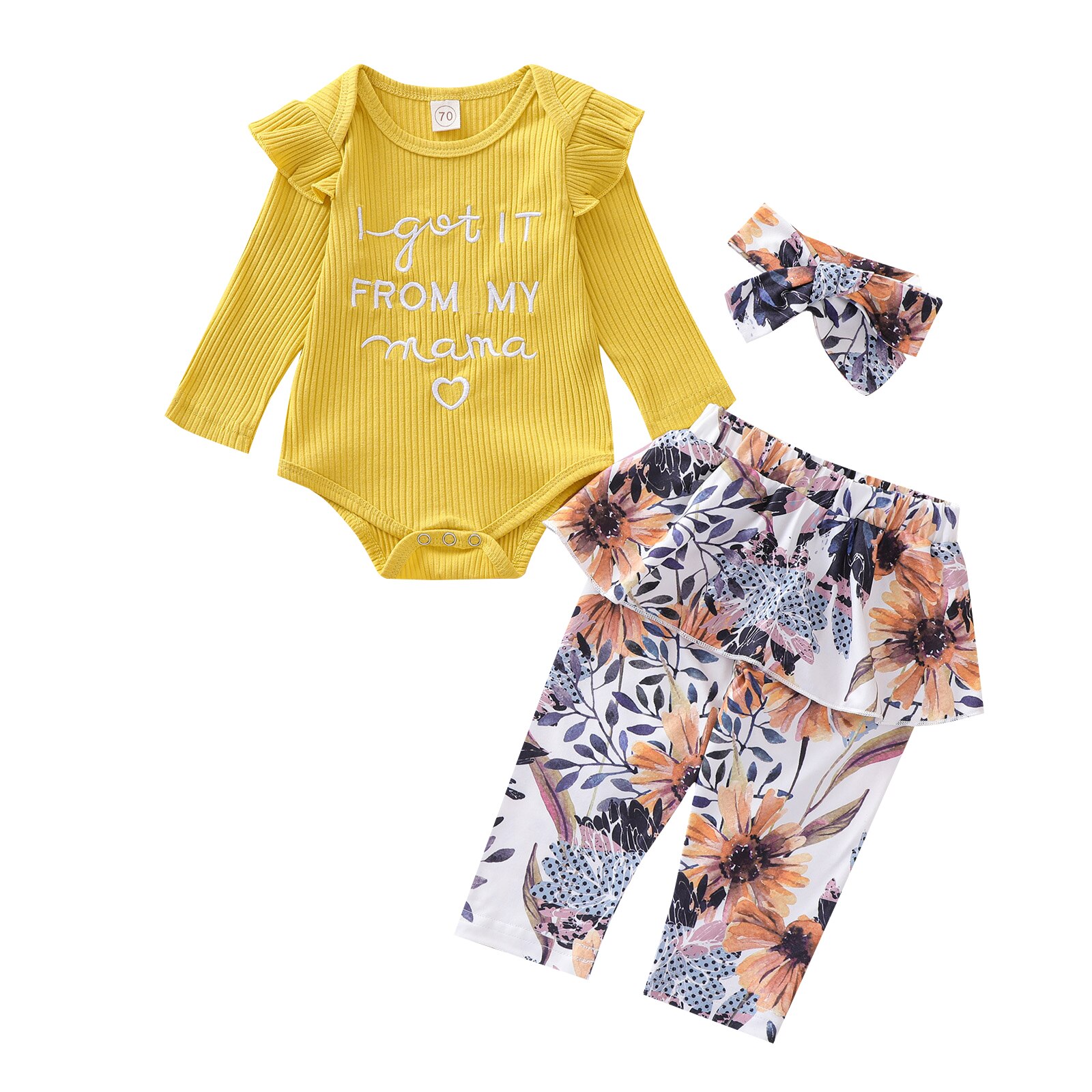Baby Girl Top, Pants Suit, Round Neck Long Sleeve Shirt Ruffle Hem Skirt Flower Printed Loose Trousers, Headband: 4 / 6M