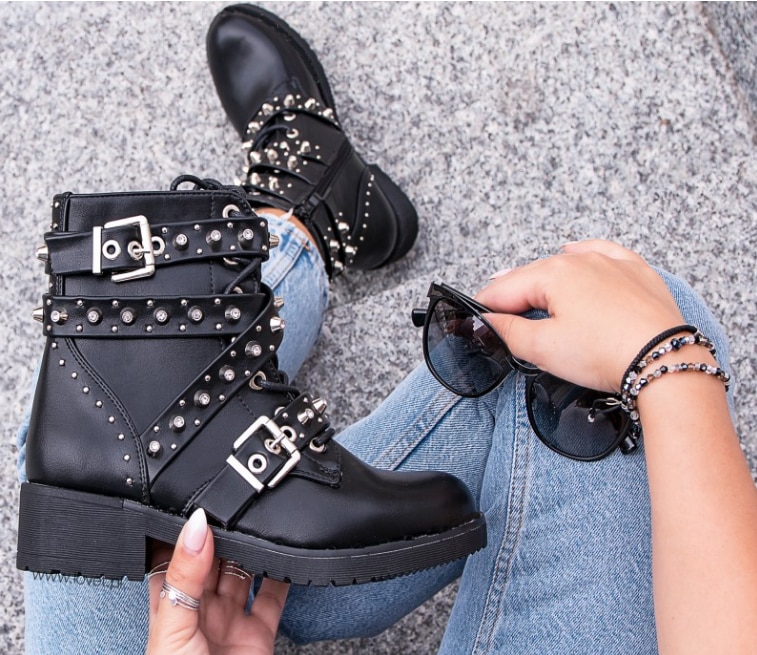 [gogd] botines negros con hebilla y correa para mujer, zapatos con remaches, zapatos punk de motocicleta de pu para mujer