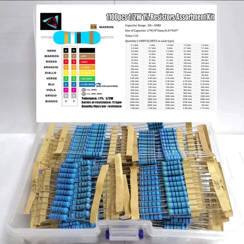 Kit Resistenza 1100 Pezzi 110 Valori 0.1 Ohm - 10 MOhm 1/2W 1% - Assortimento Resistori