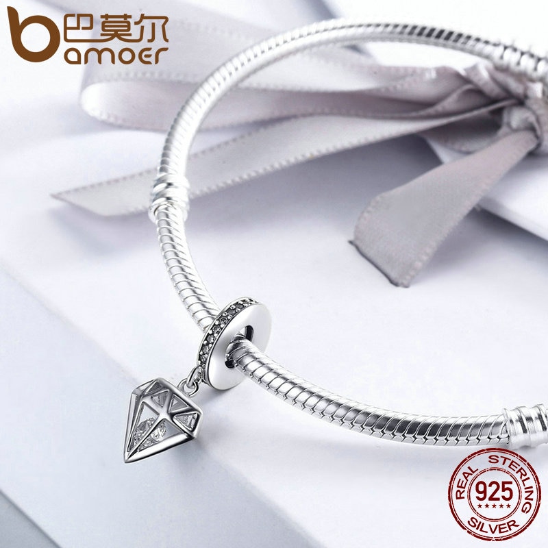 BAMOER Genuine 925 Sterling Silver Brillante Pendente di Cristallo Del Cuore misura Branelli Dei Braccialetti Delle Donne Gioielli FAI DA TE Regalo SCC186