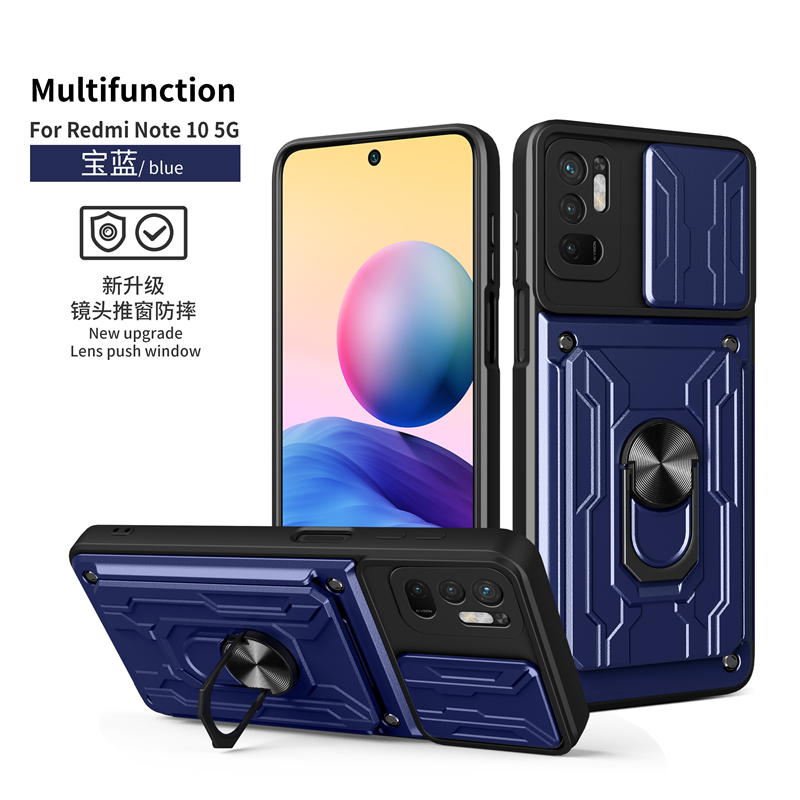 For Xiaomi Poco M3 Pro 5G Case Magnetic Holder Ring Armor Card Slot Phone Cases For Pocophone M3 M 3 Pro Slide Camera Back Cover: Blue