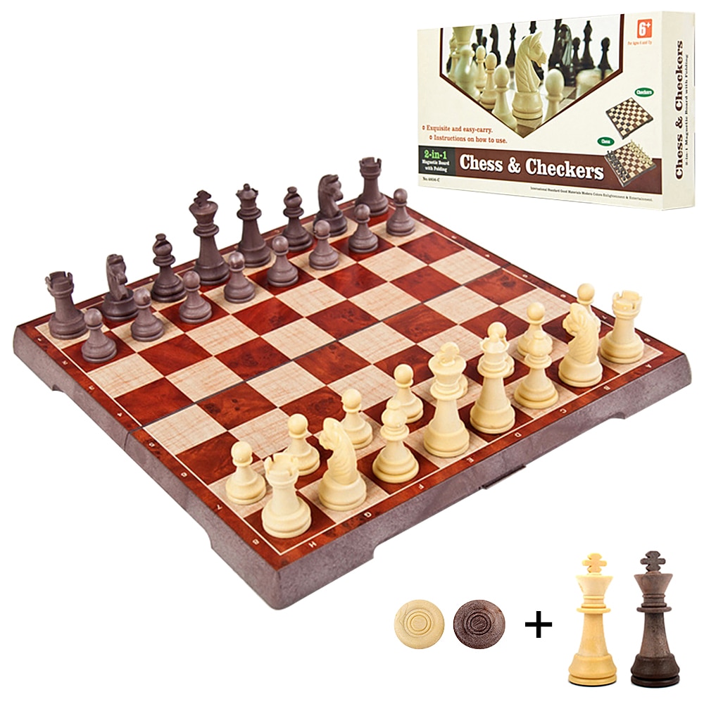 2-in-1 Magnetic Chess Set Folding Chess and Checkers Set Portable Chessboard Chess Games Draughts Entertainment Educational Toys
