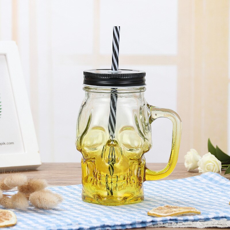 Verre avec couvercle et paille pour tête de mort, pot de maçon à large bouche, gobelet de 16oz: Yellow