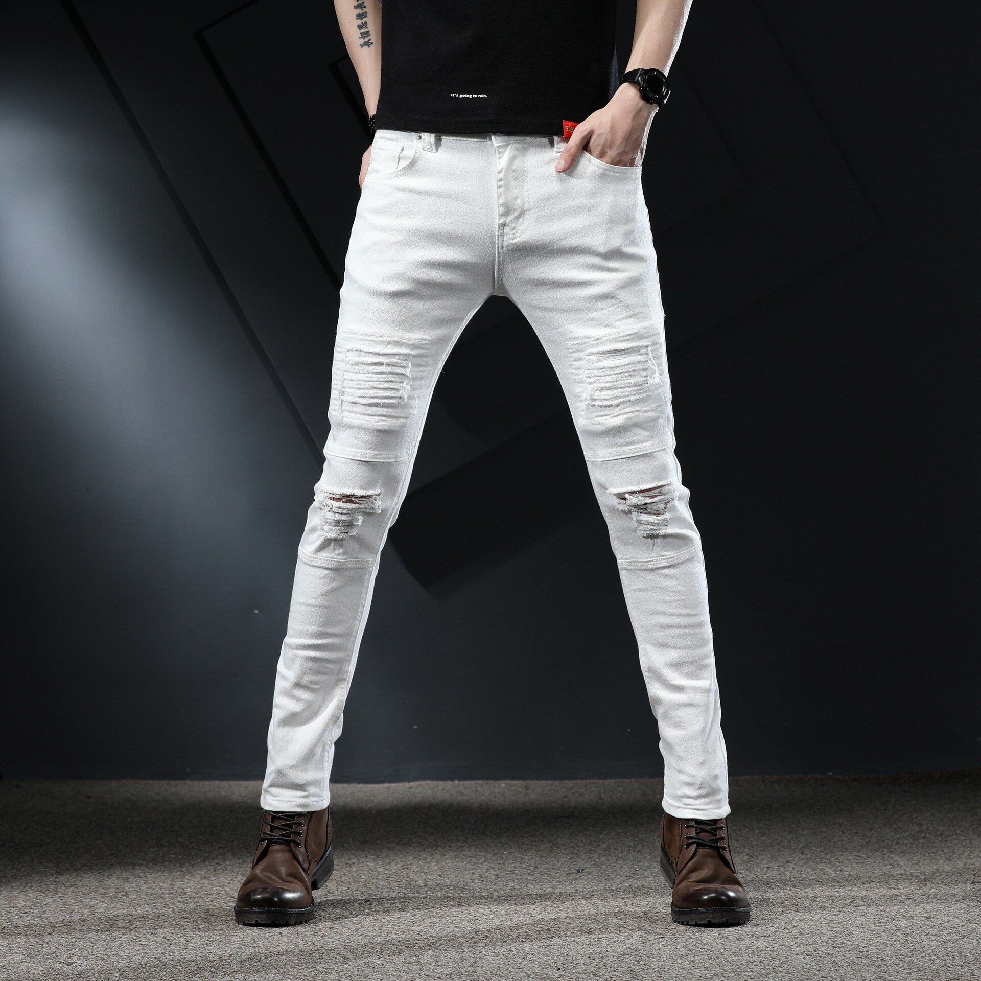 Ripped Jeans Voor Mannen Skinny Witte Jeans Stretch Denim Broek Jeans Heren Jeans Streetwear Patched Verontruste Grote Maat