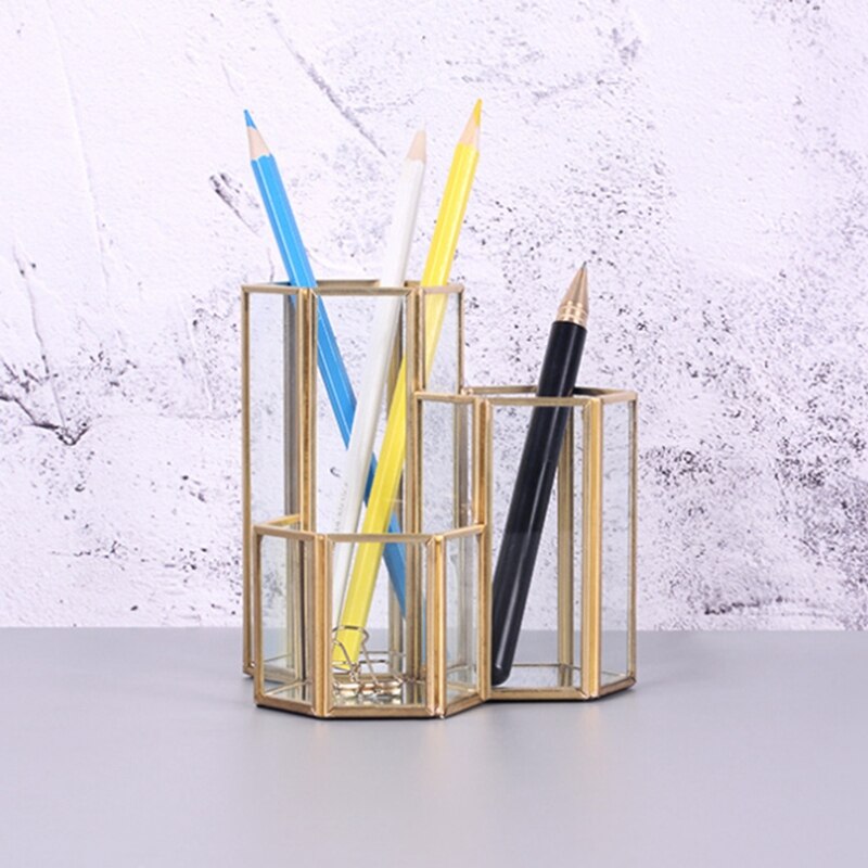 Glass Copper Hexagon Composite Pen Holder Makeup Brush Glass Box Multifunction Desktop Organizer Office Accessories