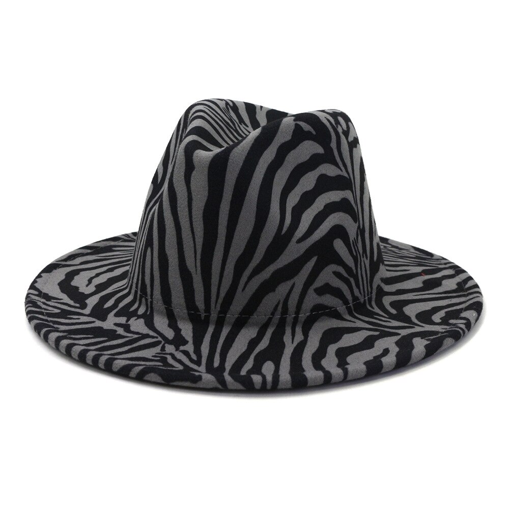 QBHAT Zebra Pattern Artificial Wool Felt Fedora Hats Women Men Large Brim Jazz Party Cap Panama Style Cowboy Hat: Gray