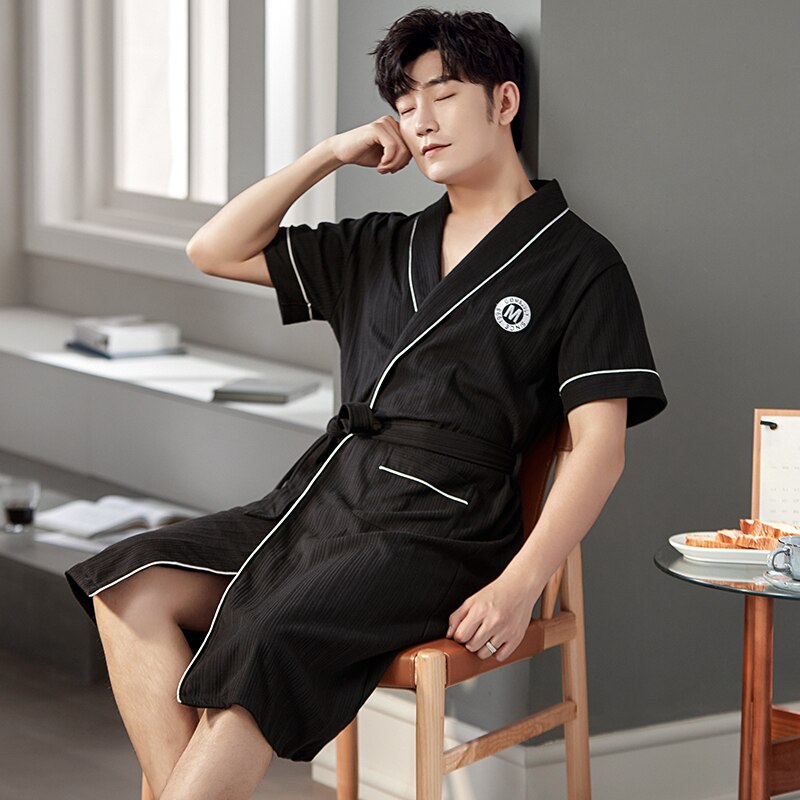 Zomer Gebreide Katoenen Mannen Gewaad Korte Mouwen Vest Casual Zachte Nachtjapon Losse Plus Size L-4XL Mannelijke Badjas