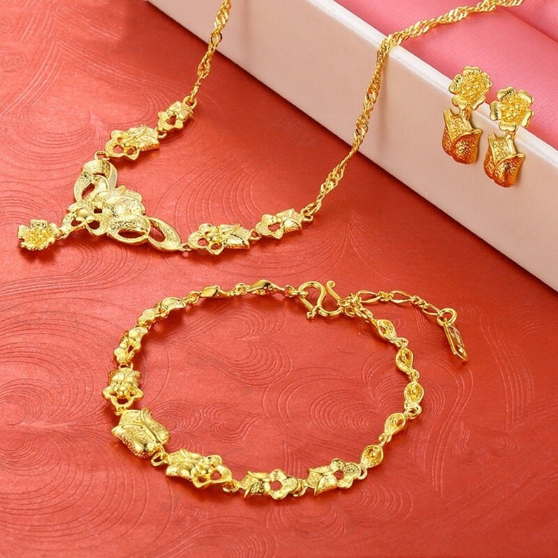 OMHXFC Europese Mode Vrouw Huwelijkscadeau Vintage Bloem 24KT Gouden Ketting + Armband + Oorbellen Sieraden Set ET01